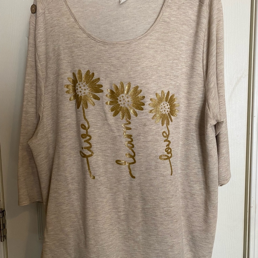 Chic Beige Long Sleeve Top with Gold Floral Accents